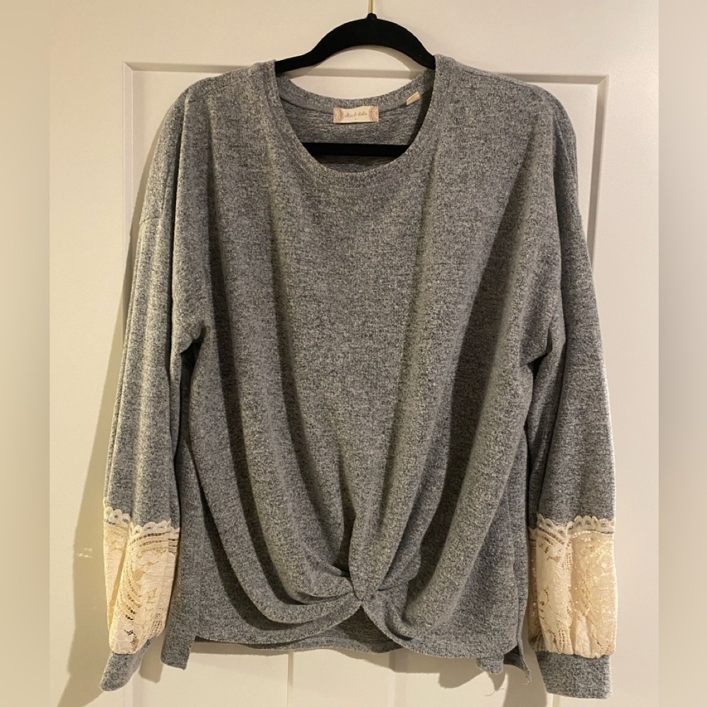 Altar'd State Gray Sweater with Cream Lace Accents
